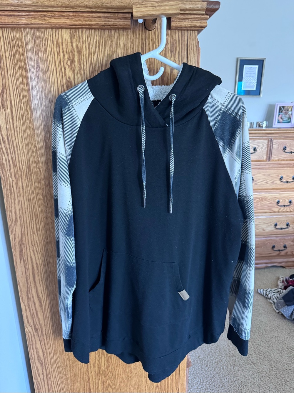 Maurices Black Hoodie with Black & White Plaid Sleeves
